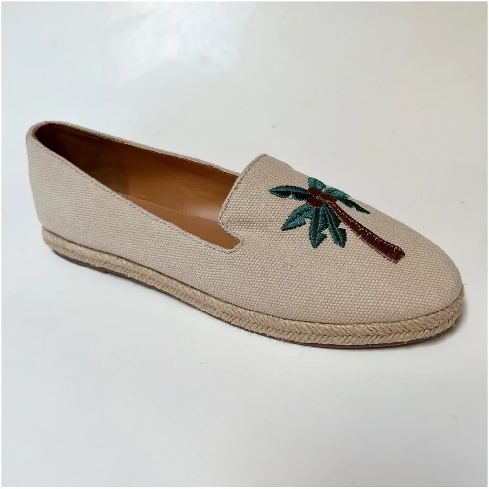 J Crew Factory Palm Tree Tropical Embroidered Slip-on Espadrilles Tan Canvas